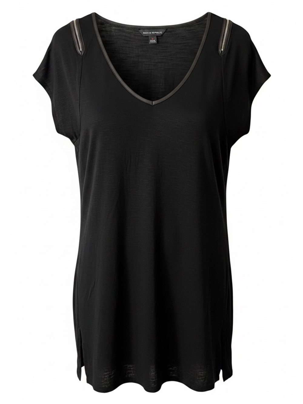 Rock & Republic Black V-Neck Tunic with Shoulder Zip Accents - Picture 1 of 6